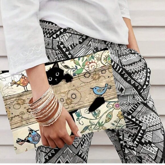 Cat & Birds Makeup Bag Canvas NWT - Picture 2 of 3